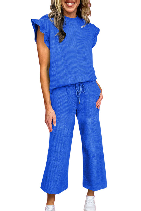 Ruffled Sleeve Summer Top and Cropped Loose Pants Set